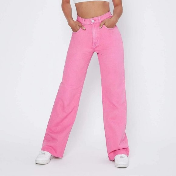 . Pants - Pink Casual Womens High Waist Patched Detail Wide Leg Pants